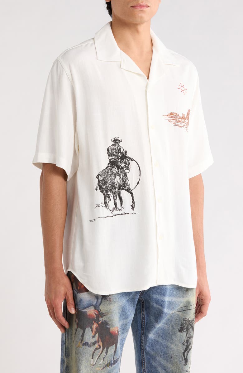 ONE OF THESE DAYS Tomorrow Has Already Spoken Embroidered Camp Shirt, Alternate, color, Bone