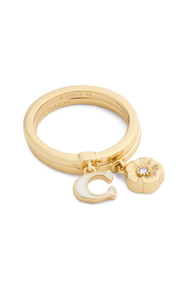 COACH Set of 2 Tea Rose & Enamel C Charm Rings, Main, color, White/ Gold