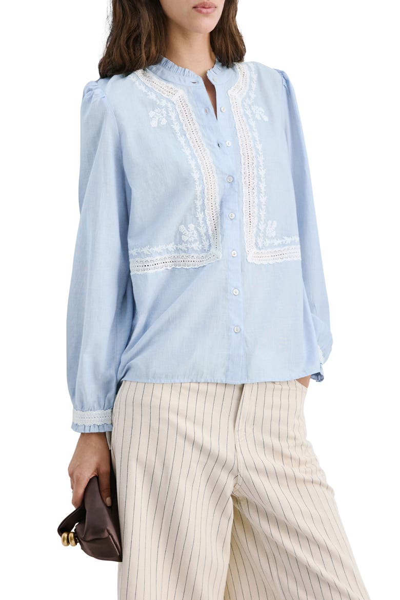 Floral Embroidered Lace Trim Button-Up Shirt, Main, color, SKY BLUE