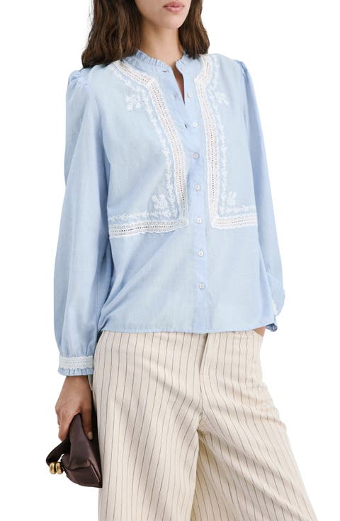 Floral Embroidered Lace Trim Button-Up Shirt