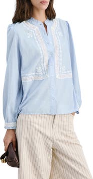 MANGO Floral Embroidered Lace Trim Button-Up Shirt