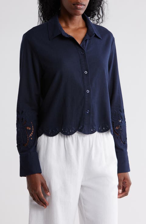 Eyelet Inset Button-Up Shirt