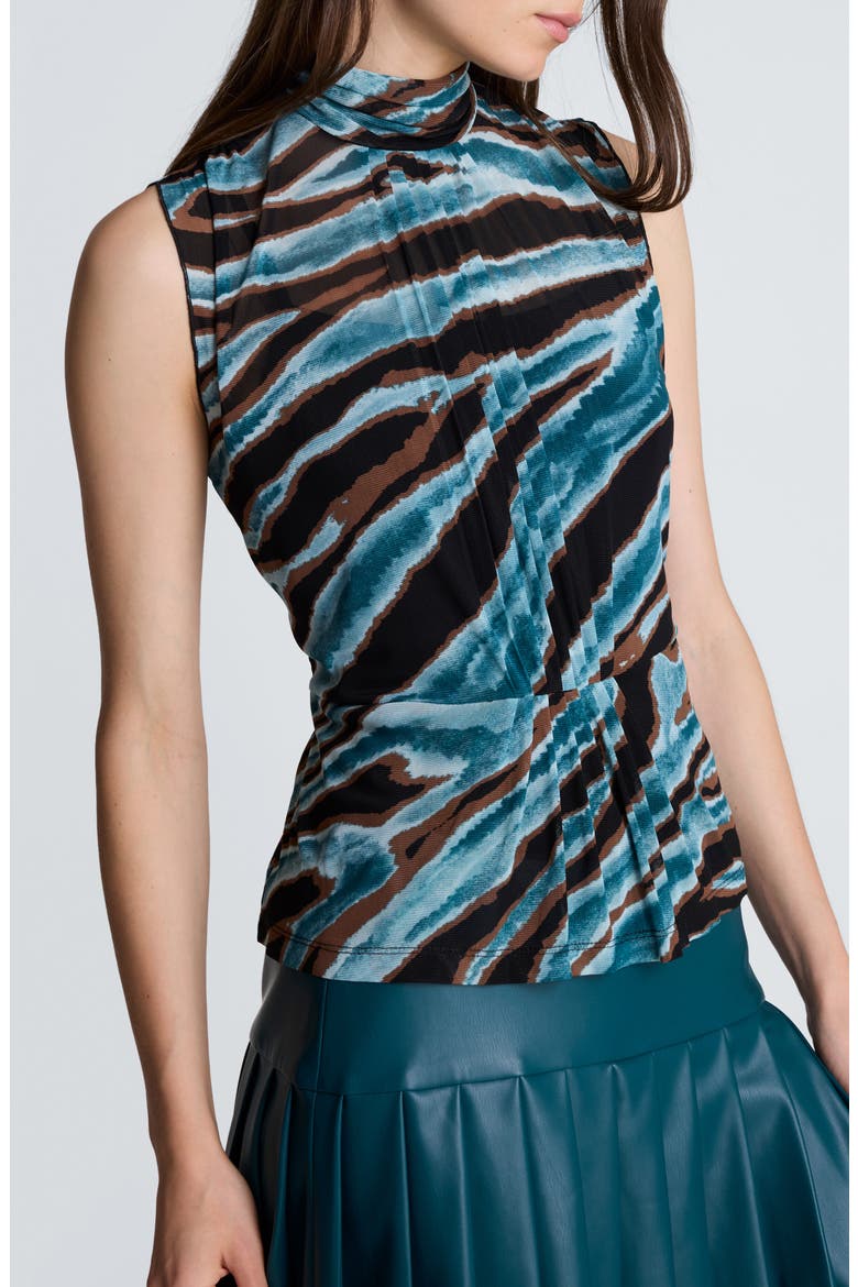 Pleated Mock Neck Sleeveless Mesh Top, Alternate, color, TEAL DUSK MULTI