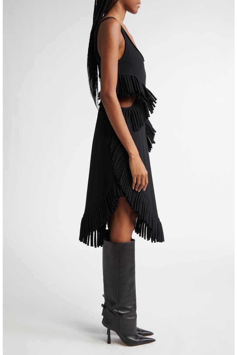 Scatter Fringe Cutout Wool Midi Dress, Alternate, color, BLACK