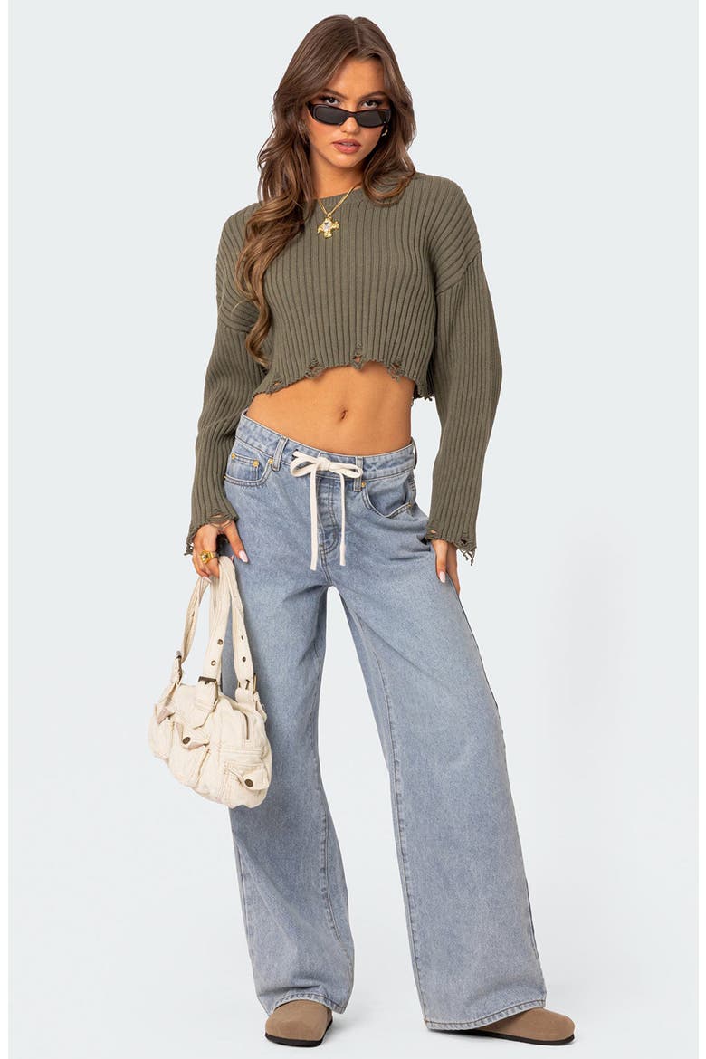 Oversize Distressed Rib Crop Sweater, Alternate, color, OLIVE