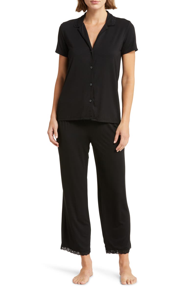 Feathers Lace Trim Jersey Pajamas, Main, color, BLACK