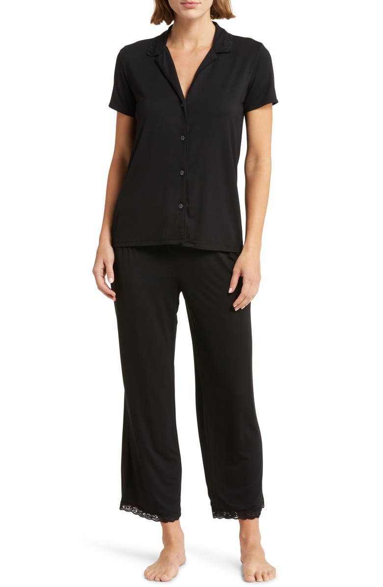 Natori Feathers Lace Trim Jersey Pajamas, Main, color, Black