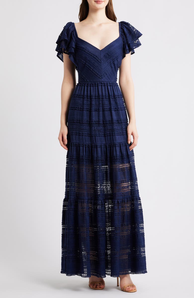 Eliza J Stretch Lace Gown, Main, color, Navy