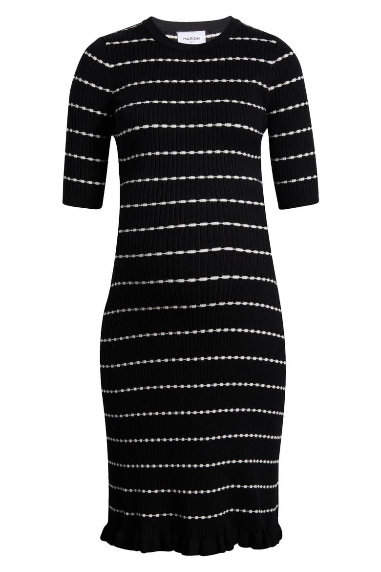 Women's Knee Length Striped Maternity & Nursing Sweater Dress in Cotton Knit, Alternate, color, BLACK & WHITE