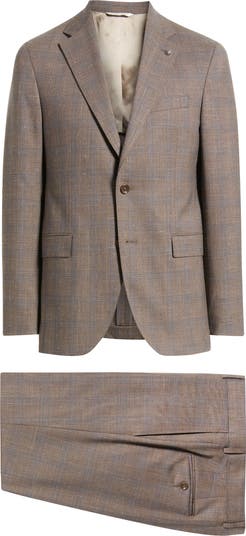 Midland Contemporary Fit Brown Plaid Wool Silk Blend Suit