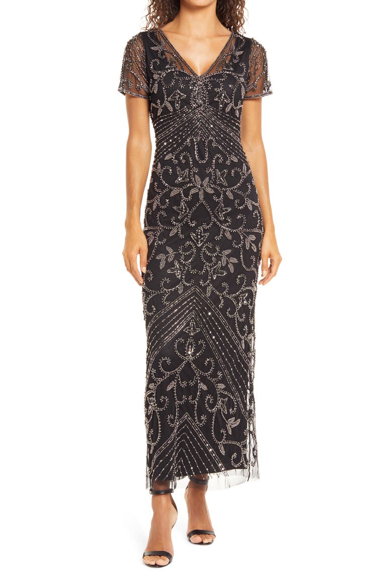 Beaded Mesh Column Gown, Main, color, BLK/MERC