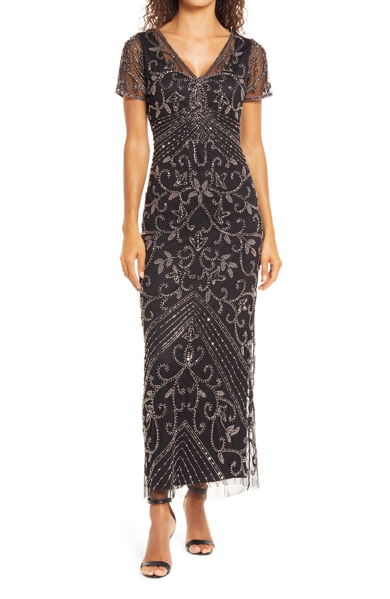Beaded Mesh Column Gown