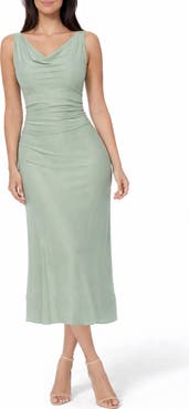 bebe Crepe Satin Cowl Neck Midi Dress