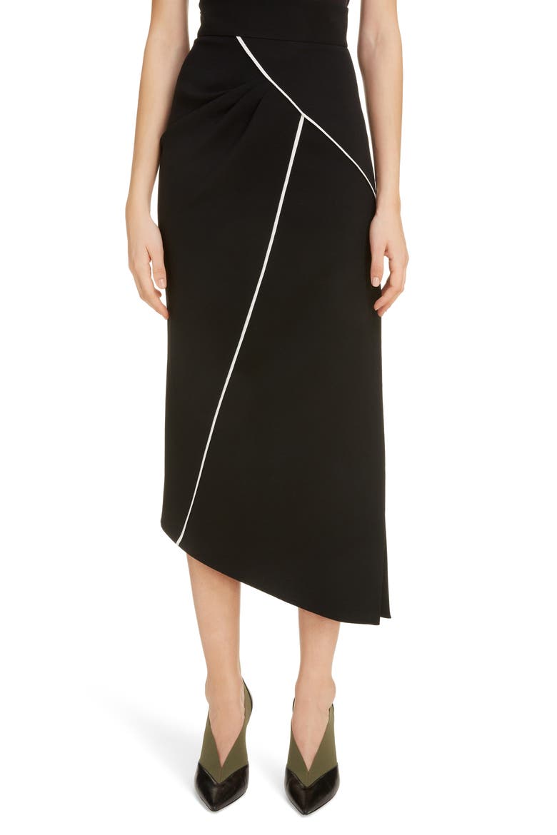 Contrast Piping Asymmetrical Wool Skirt, Main, color, BLACK/ WHITE