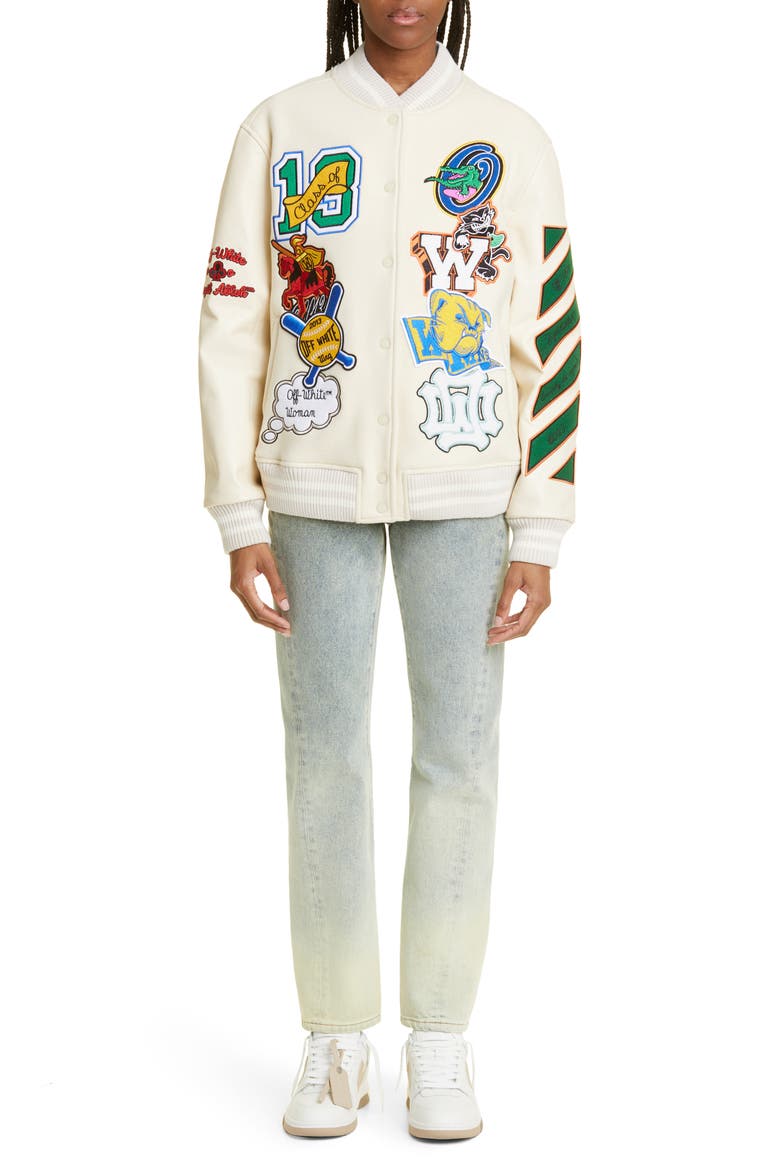 Embroidered Slogan Patch Wool Blend Varsity Jacket, Alternate, color, WHITE MULTICOLOR