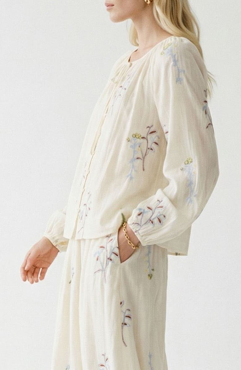 VERO MODA Lina Leaf Embroidered Button-Up Top, Alternate, color, Snow White Detailcolorful Emb