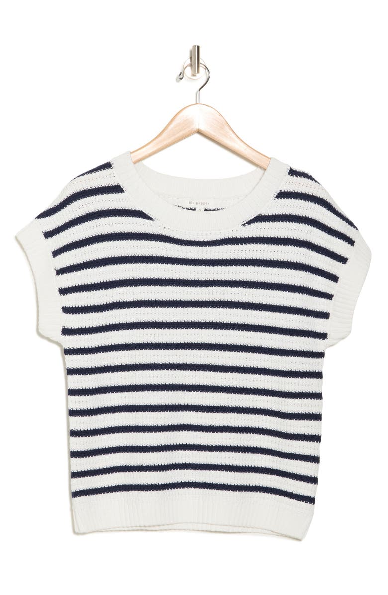 Blu Pepper Cotton Stripe Short Sleeve Sweater, Alternate, color, Navy