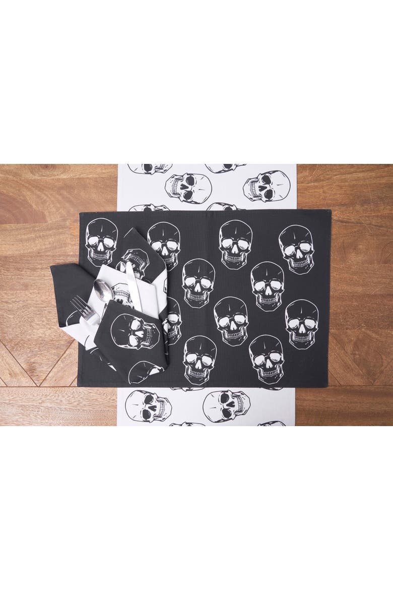 Skully Pattern Motifs Black & White 100% Cotton Set of 6 Halloween Placemats 14" x 20", Alternate, color, Black