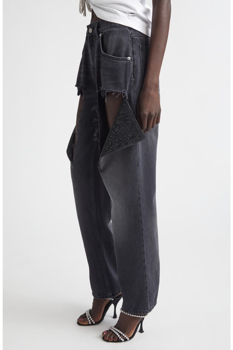 Hotfix Thigh Slash Straight Leg Jeans, Alternate, color, WASHED BLACK