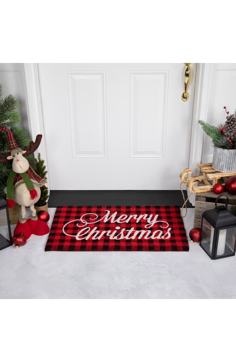 Northlight Red and Black Plaid "Merry Christmas" Natural Coir Christmas Outdoor Doormat 18" x 30", Alternate, color, 