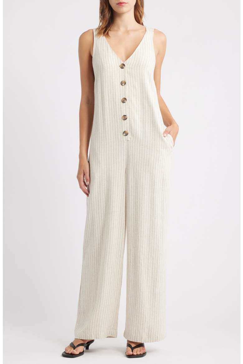 Pinstripe Tie Strap Wide Leg Jumpsuit, Main, color, CREAM MULTI