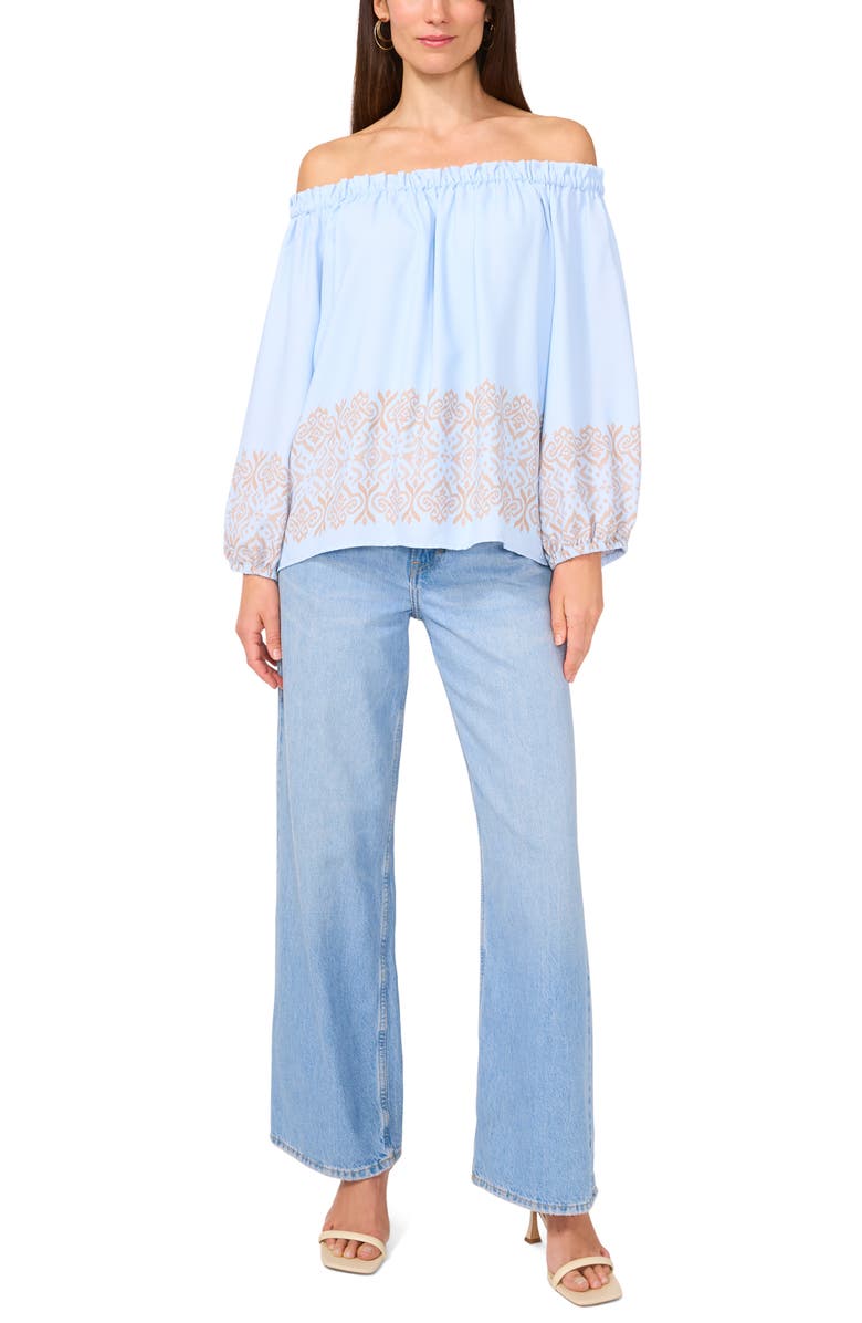 Vince Camuto Border Print Off the Shoulder Top, Alternate, color, Frozen