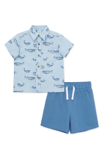 Little Me Whale Woven Cotton Button-up Shirt & Shorts Set In Blue
