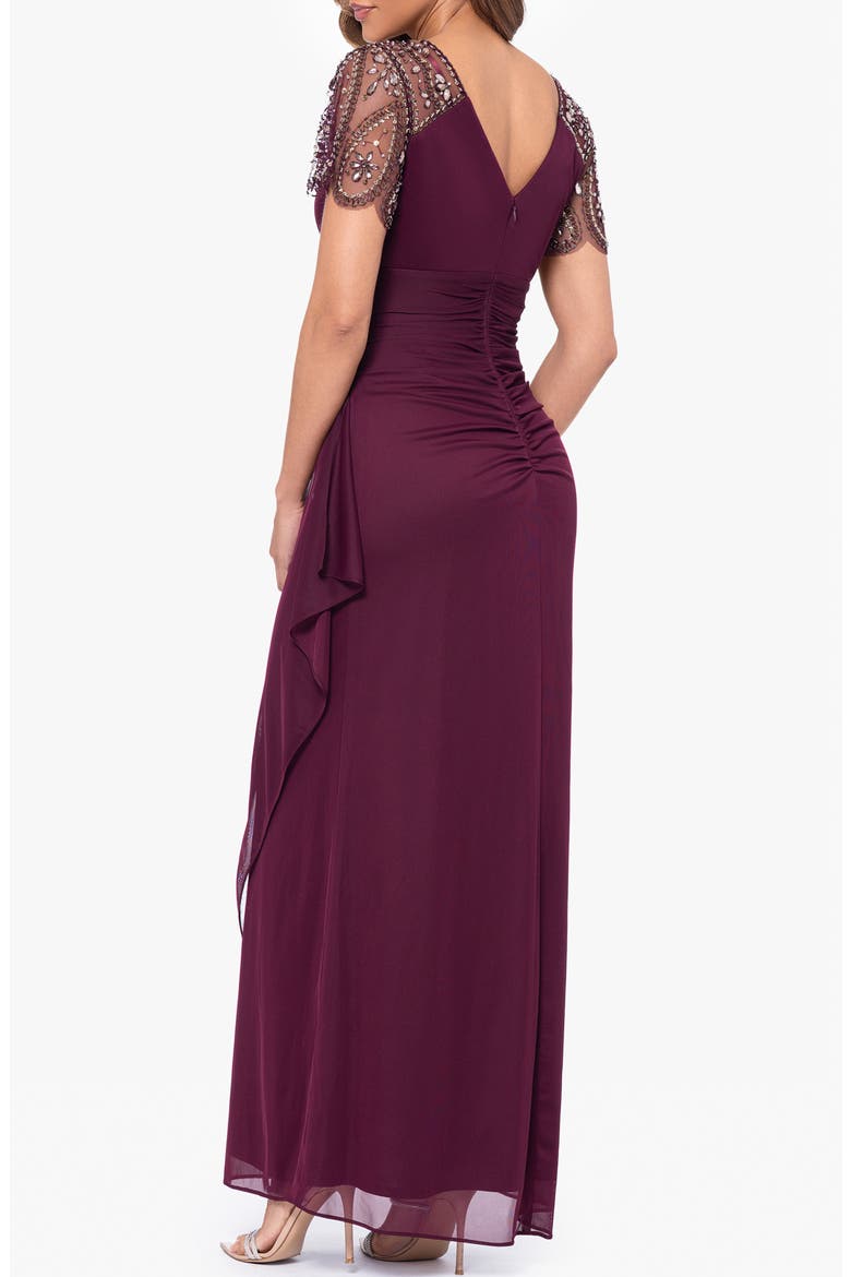 Xscape Beaded Sleeve Ruched Column Gown, Alternate, color, WINE/ ANTIQUE