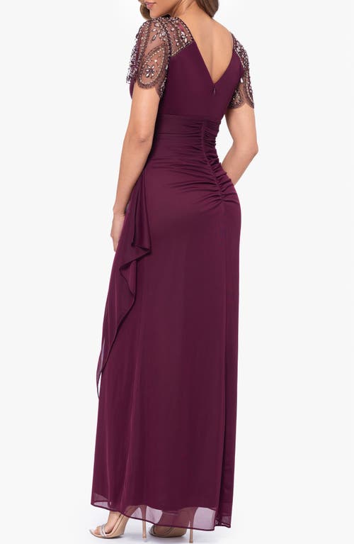 Xscape Evenings Xscape Beaded Sleeve Ruched Column Gown In Purple