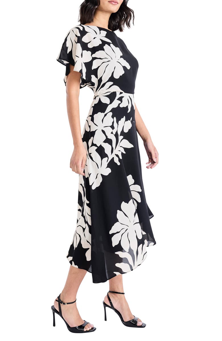 Maggy London Floral Asymmetric Midi Dress, Alternate, color, Black/ Cream
