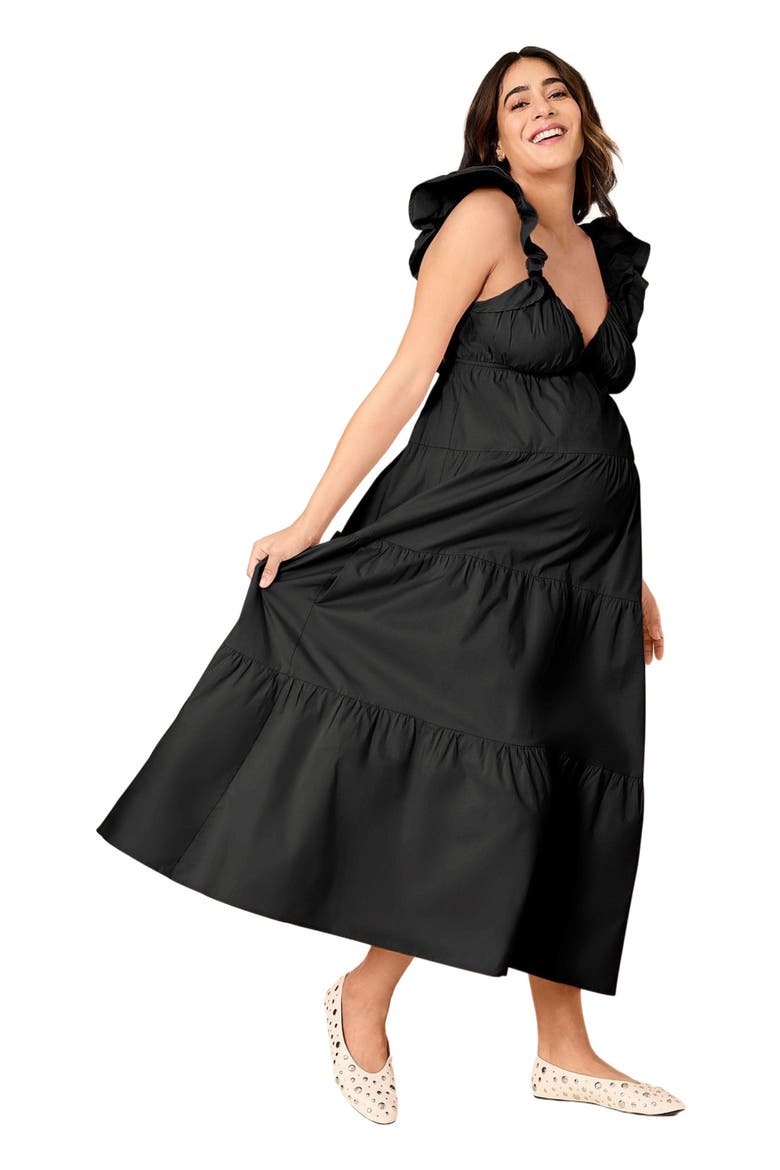 Ruffle Sleeve Tie-Back Maternity Maxi Dress, Alternate, color, Black