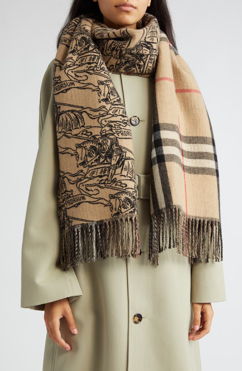 Burberry Equestrian Knight Cashmere Fringe Scarf, Alternate, color, 