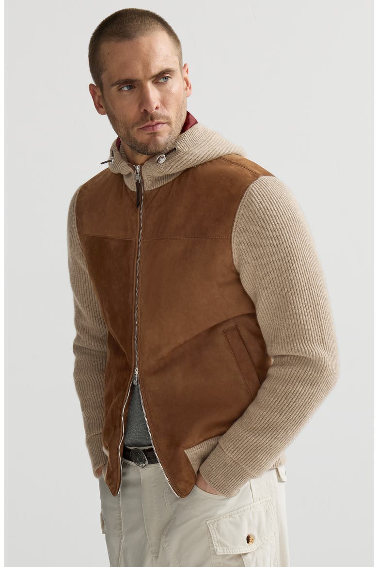 Suede and cashmere knit hooded bomber jacket with Thermore® padding, Alternate, color, Brown