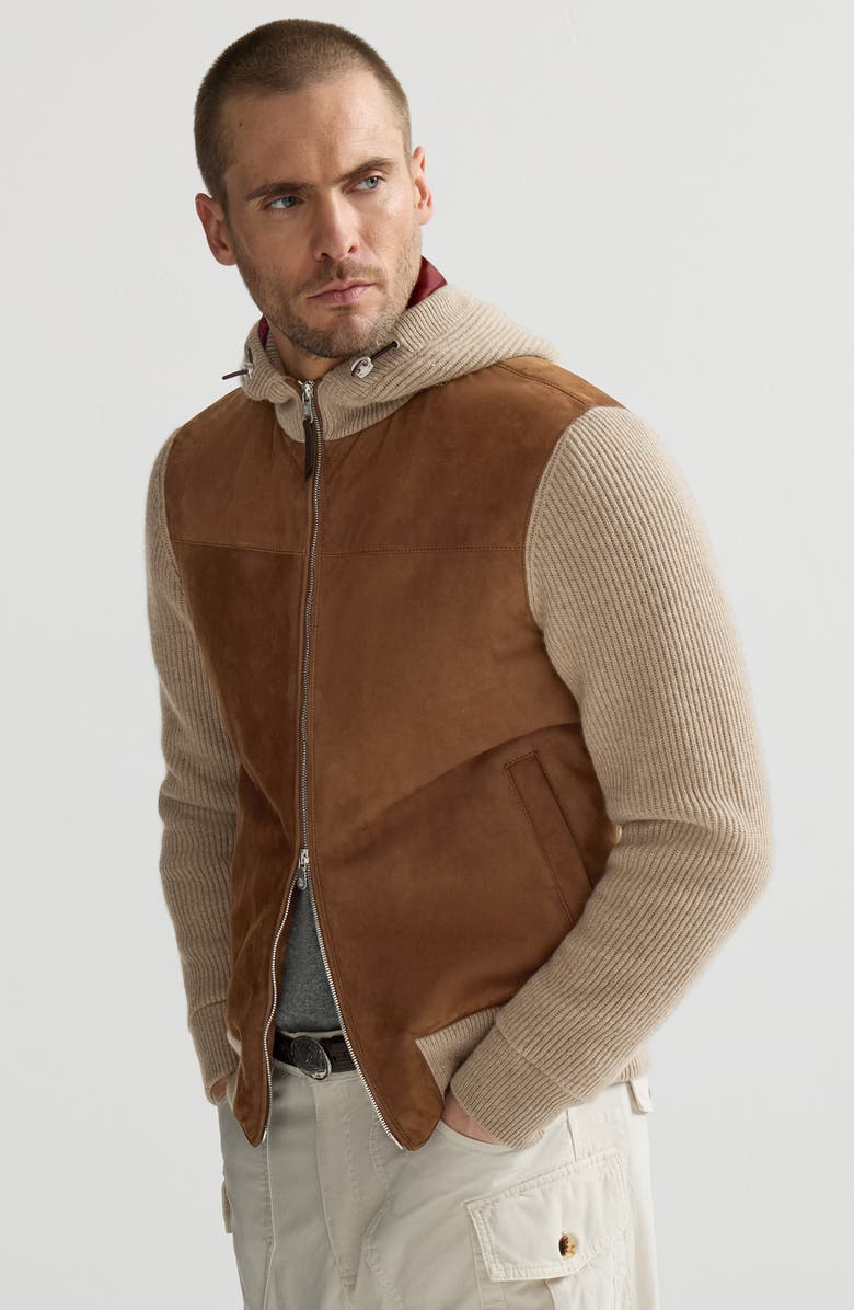 Brunello Cucinelli Suede and cashmere knit hooded bomber jacket with Thermore<sup>®</sup> padding, Alternate, color, Brown