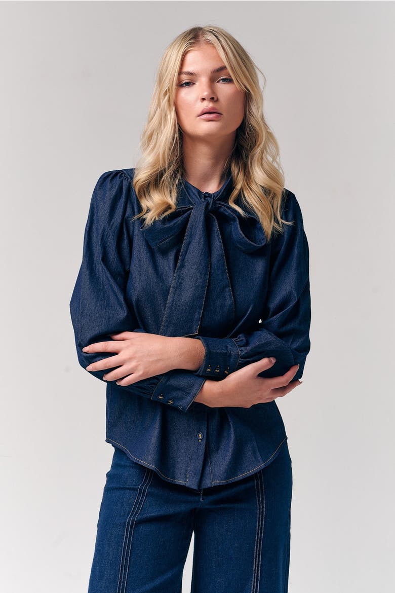 Bow Accent Denim Shirt, Main, color, Dark Blue