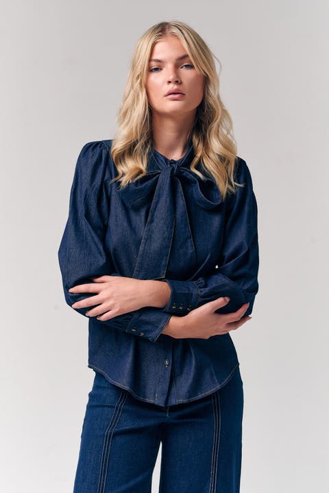 Bow Accent Denim Shirt