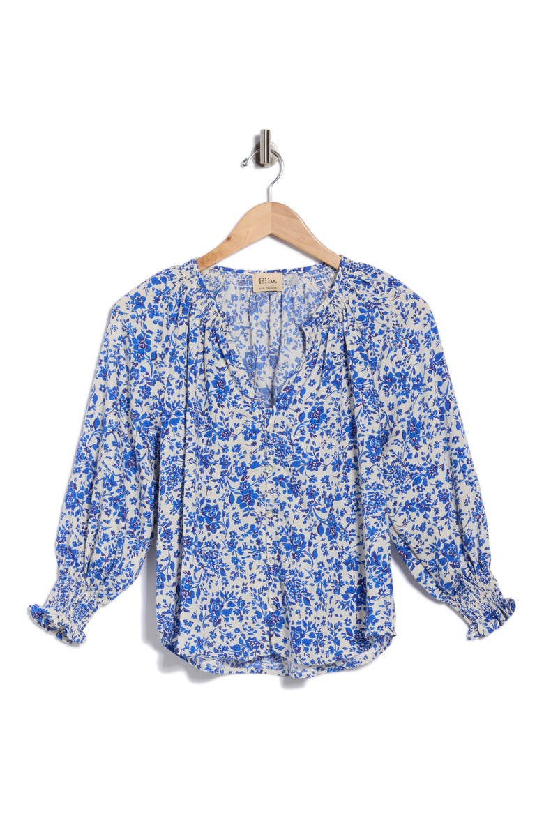 Three Quarter Sleeve Top, Alternate, color, IVORY/ ROYAL BLUE FLORAL