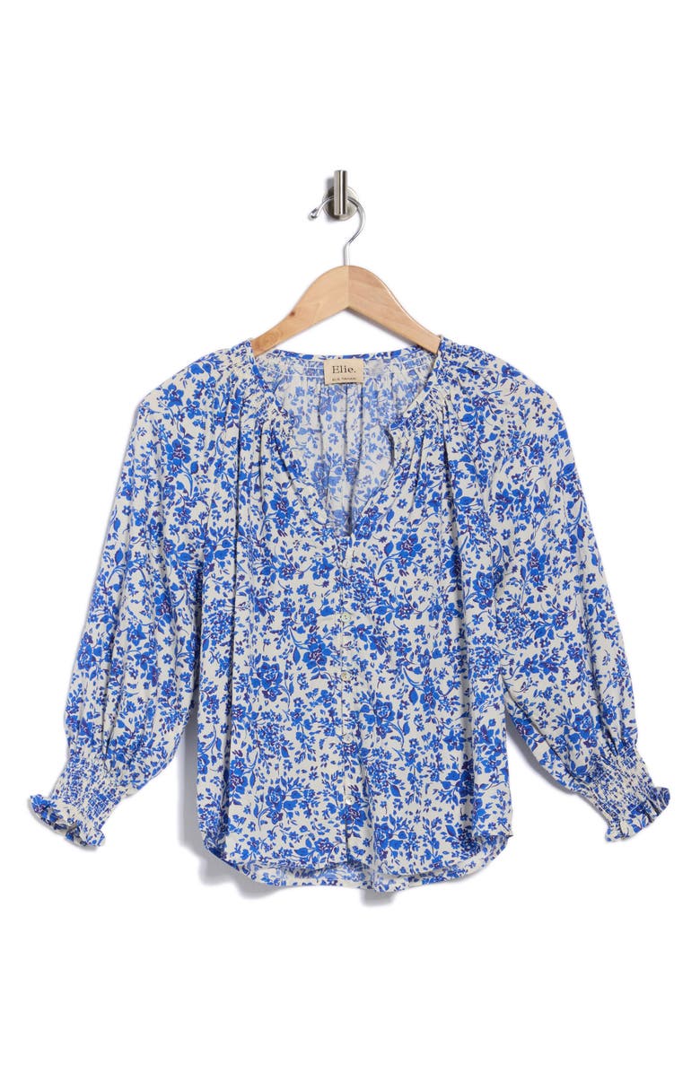 ELIE ELIE TAHARI Three Quarter Sleeve Top, Main, color, Ivory/ Royal Blue Floral