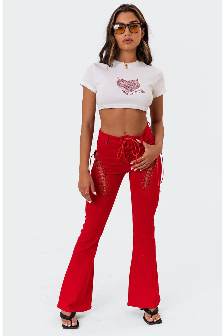 Engine Red Lace-Up High Waist Flare Jeans, Alternate, color, RED