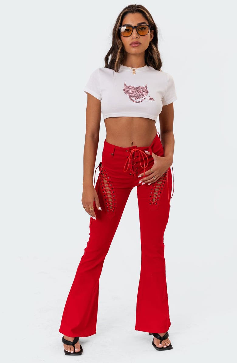 EDIKTED Engine Red Lace-Up High Waist Flare Jeans, Alternate, color, 