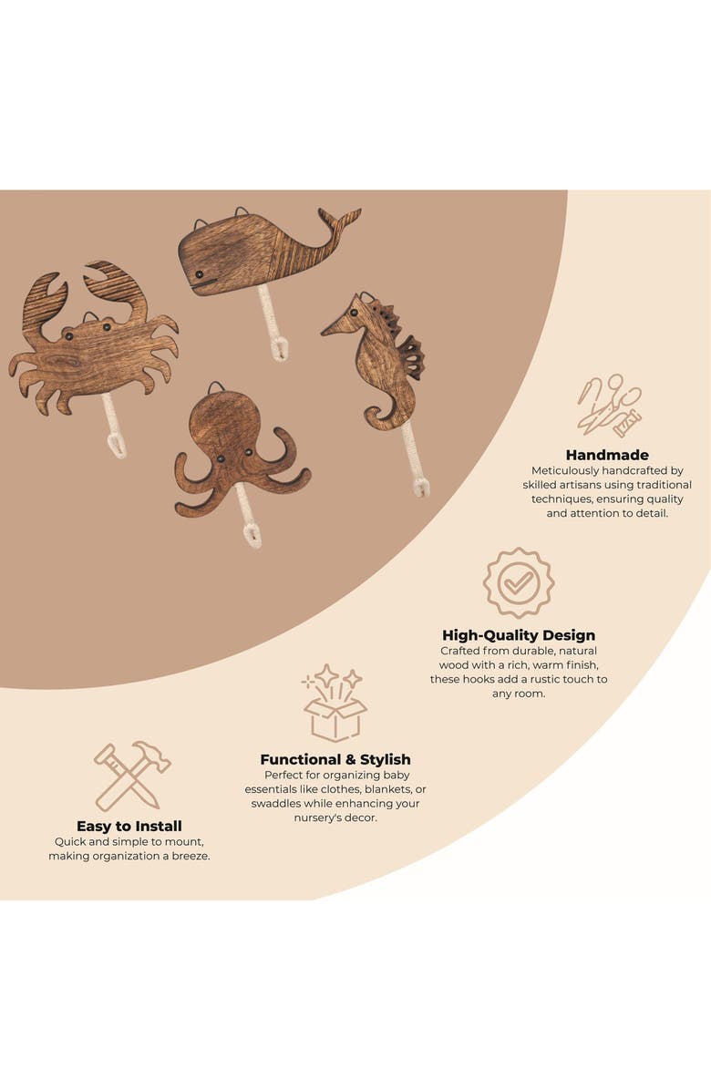 CRANE BABY Cove Sea Life Motif Set of 4 Wall Hooks, Alternate, color, Beige/Brown