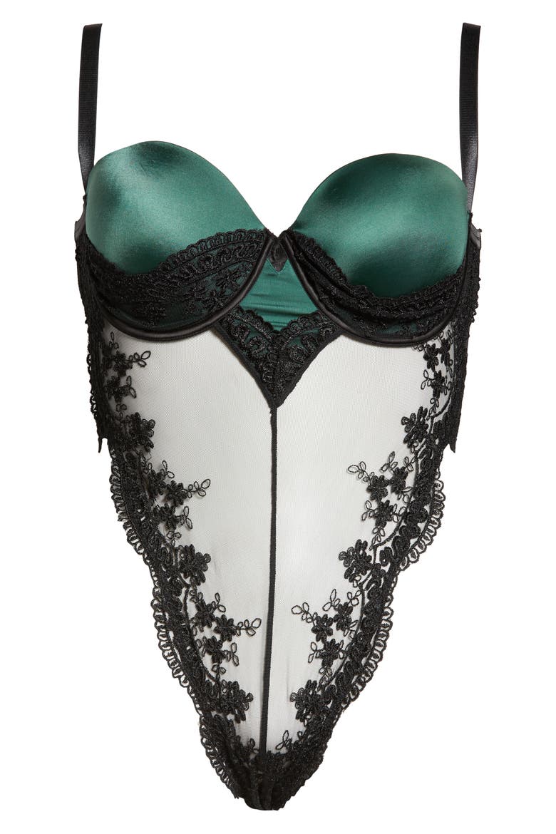 Paulette Lace Trim Satin Thong Bodysuit, Alternate, color, DARK GREEN/ BLACK