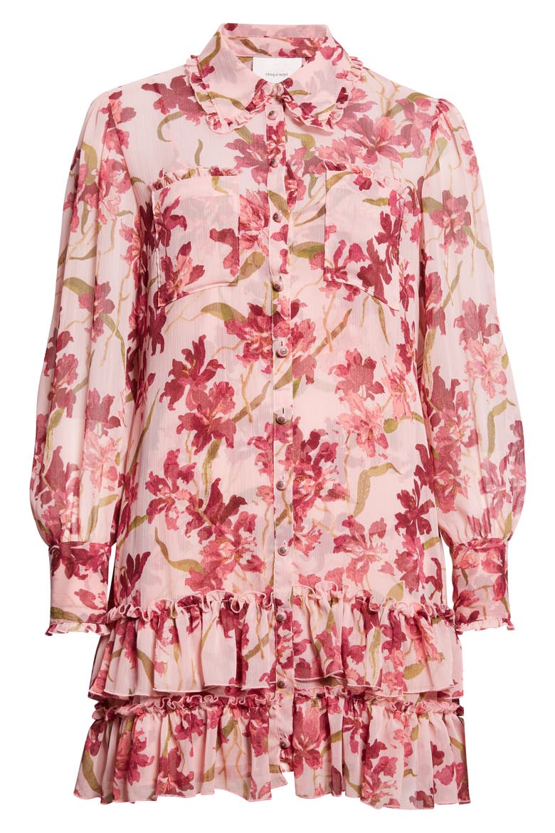 Lupetto Trailing Hibiscus Long Sleeve Mini Shirtdress, Alternate, color, BLUSHED PETAL/MULTI