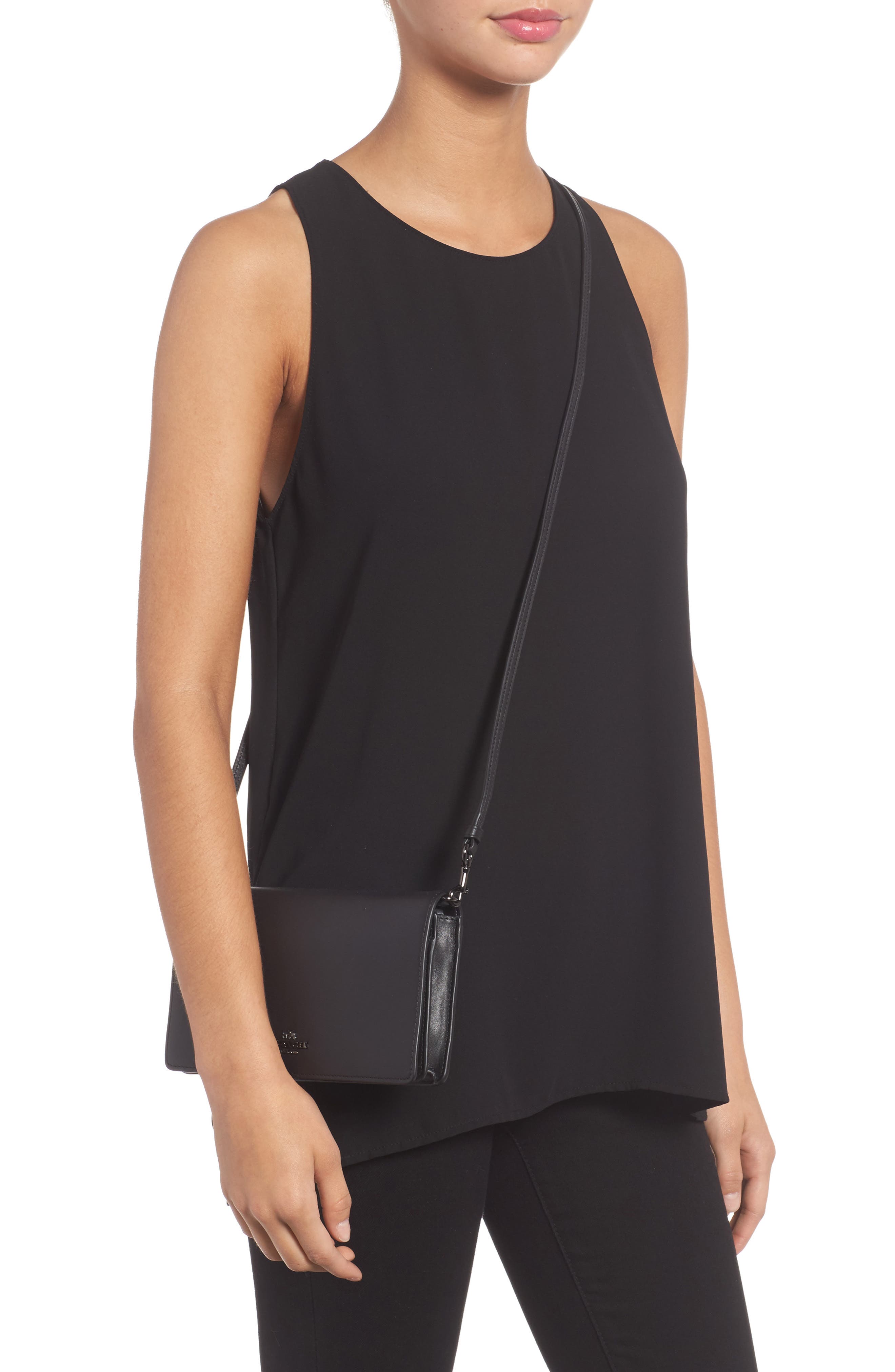 Calfskin Leather Foldover Convertible Clutch, Alternate, color, BLACK