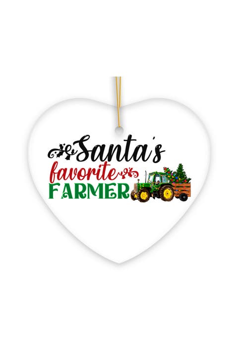 Santas Favorite Farmer Tractor Heart Ceramic Ornament
