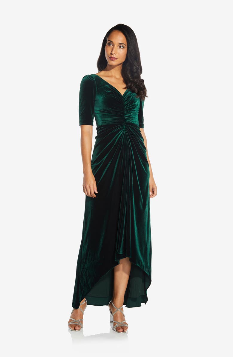 Adrianna Papell Ruched Velvet High-Low Gown, Alternate, color,