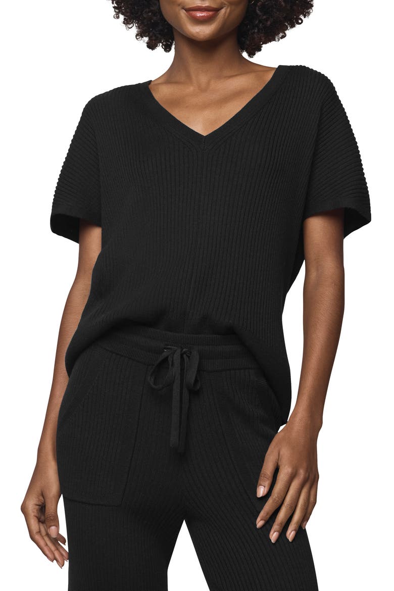 Georgie V-Neck Short Sleeve Rib Sweater, Main, color, BLACK