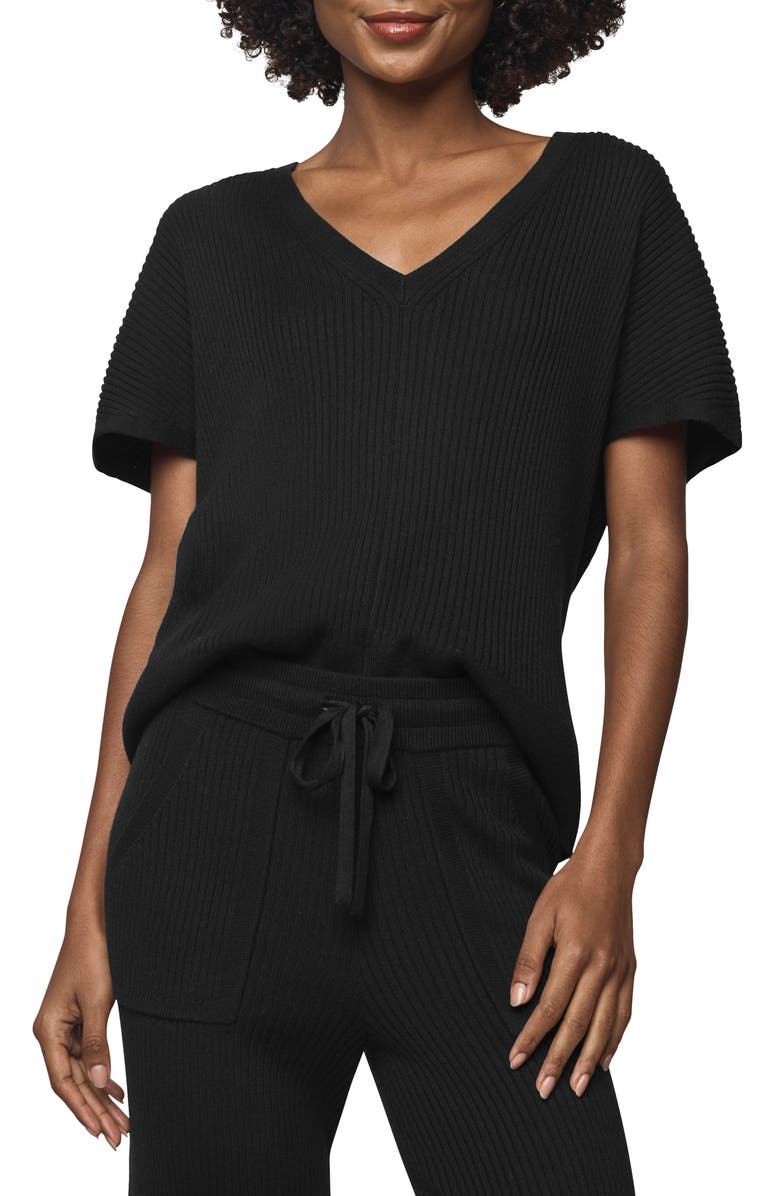 Splendid Georgie V-Neck Short Sleeve Rib Sweater, Main, color, Black