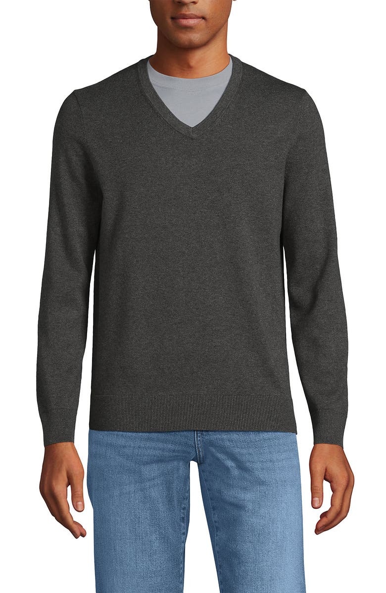 Lands' End Fine Gauge Cotton V Neck Sweater, Main, color, Charcoal Heather