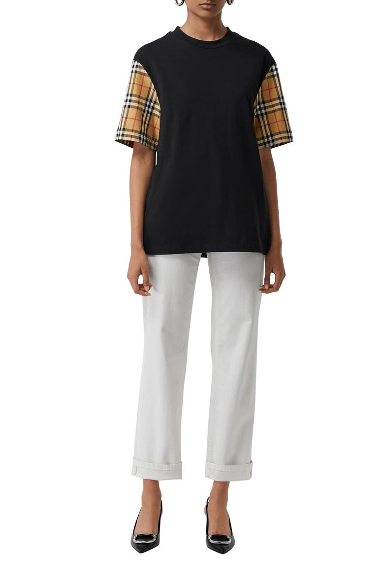 Serra Vintage Check Sleeve Tee, Alternate, color, BLACK